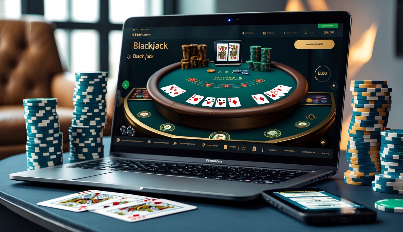 Seseorang bermain blackjack online menggunakan laptop dengan tumpukan chip dan kartu di meja, di ruang yang modern dan terang.