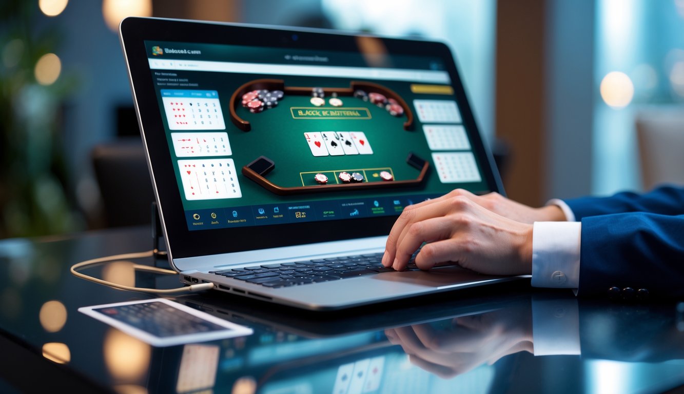 Seseorang bermain blackjack online di komputer dengan suasana yang nyaman dan profesional.