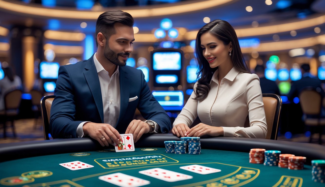 Seorang pria dan wanita duduk di meja blackjack di kasino modern, fokus bermain kartu dengan chip poker di meja.