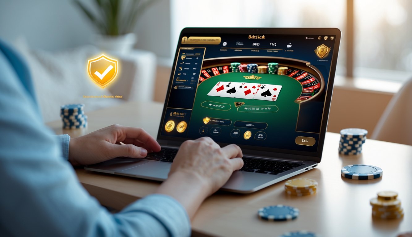 Seseorang menggunakan laptop untuk bermain blackjack online dengan suasana yang nyaman dan profesional.