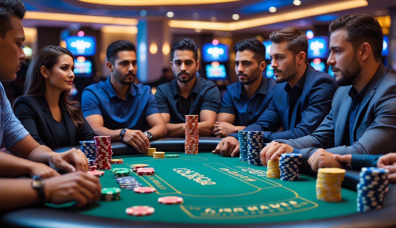 Beberapa pemain poker berkumpul di meja poker dengan kartu dan tumpukan chip, terlihat serius dan fokus bermain.
