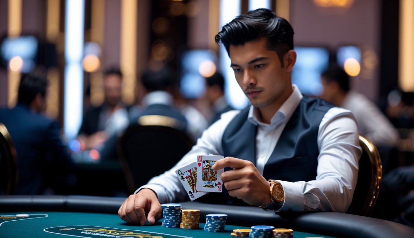Seorang pemain poker profesional duduk di meja poker mewah dengan kartu dan tumpukan chip, di latar belakang suasana kasino yang elegan.