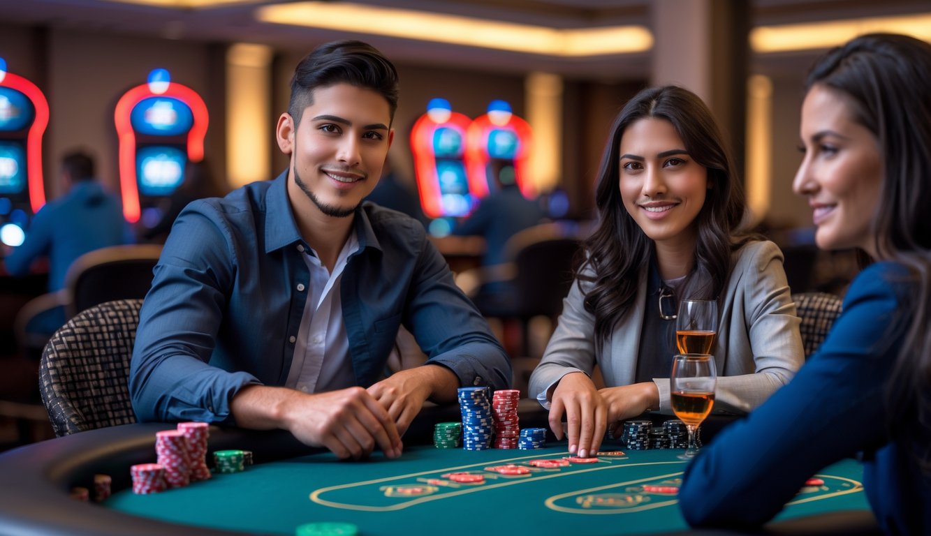 Dua orang muda sedang bermain poker di meja kasino dengan suasana yang nyaman dan profesional.