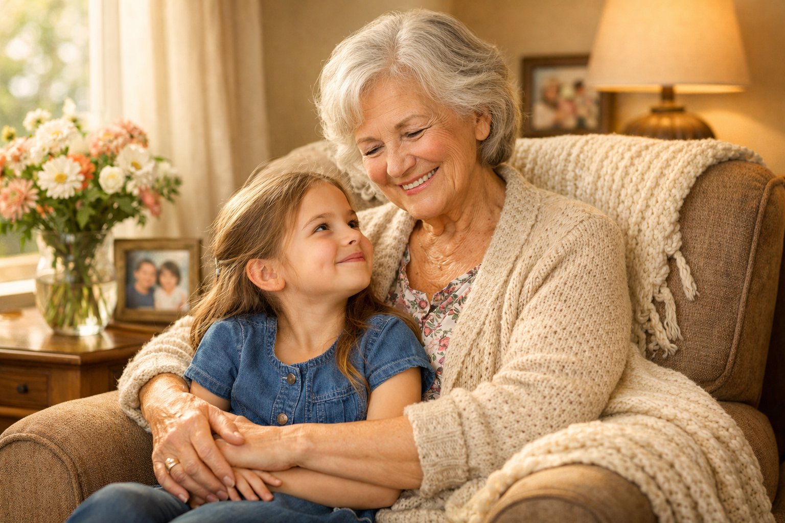 An elderly grandmother and her young granddaughter sharing a loving moment together in a cozy living room.