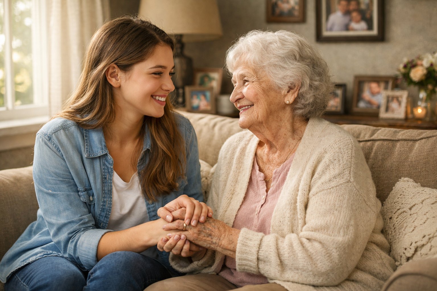 A young woman and an elderly woman sitting together, holding hands and smiling warmly at each other in a cozy living room.