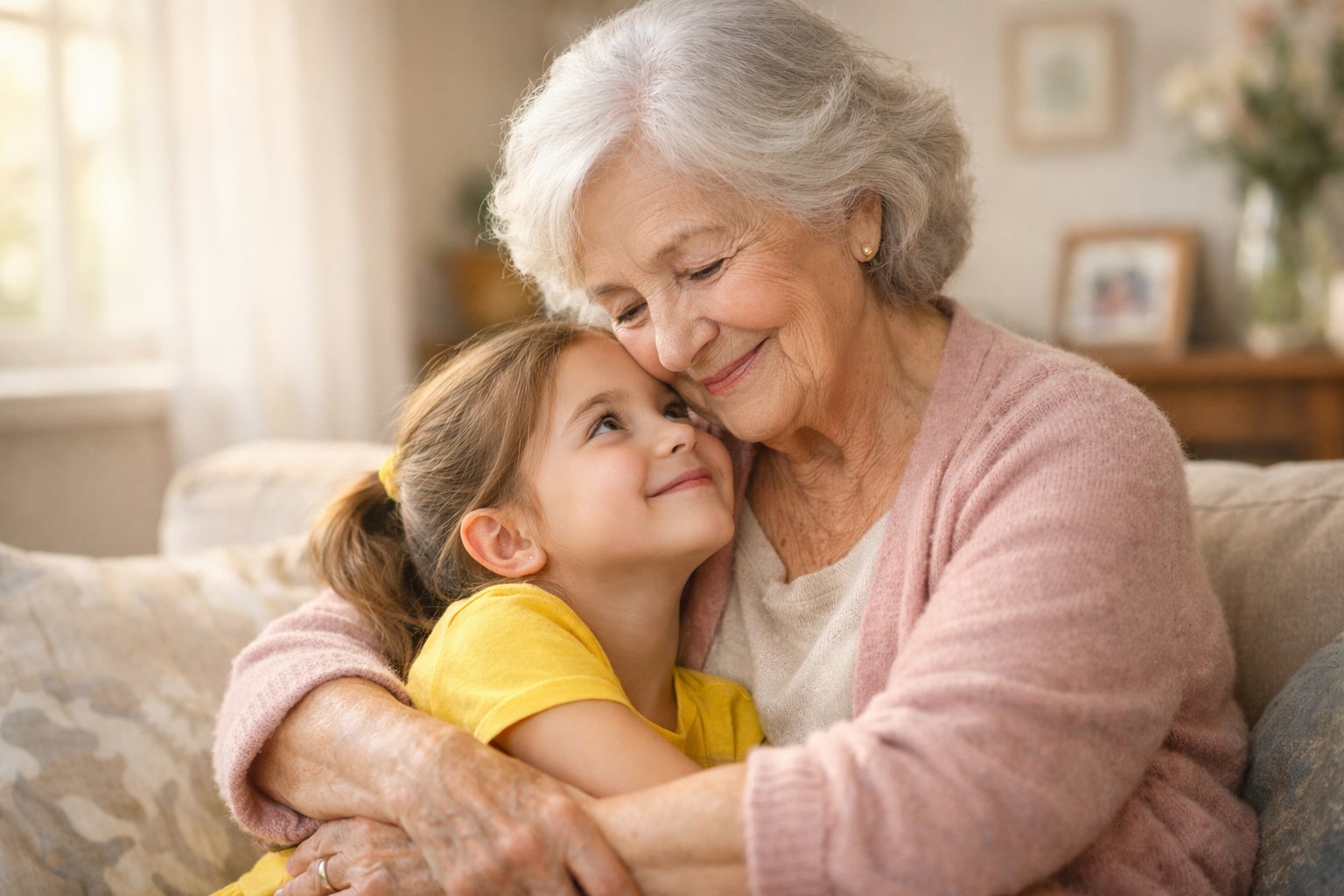 An elderly woman lovingly embracing her young granddaughter in a sunlit living room, both smiling and sharing a tender moment.
