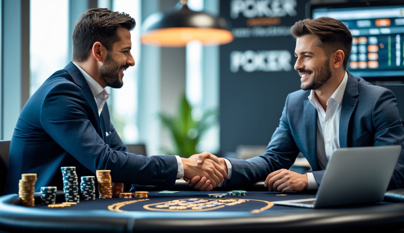 Seorang agen poker yang percaya diri berjabat tangan dengan klien di meja poker di dalam kantor modern.