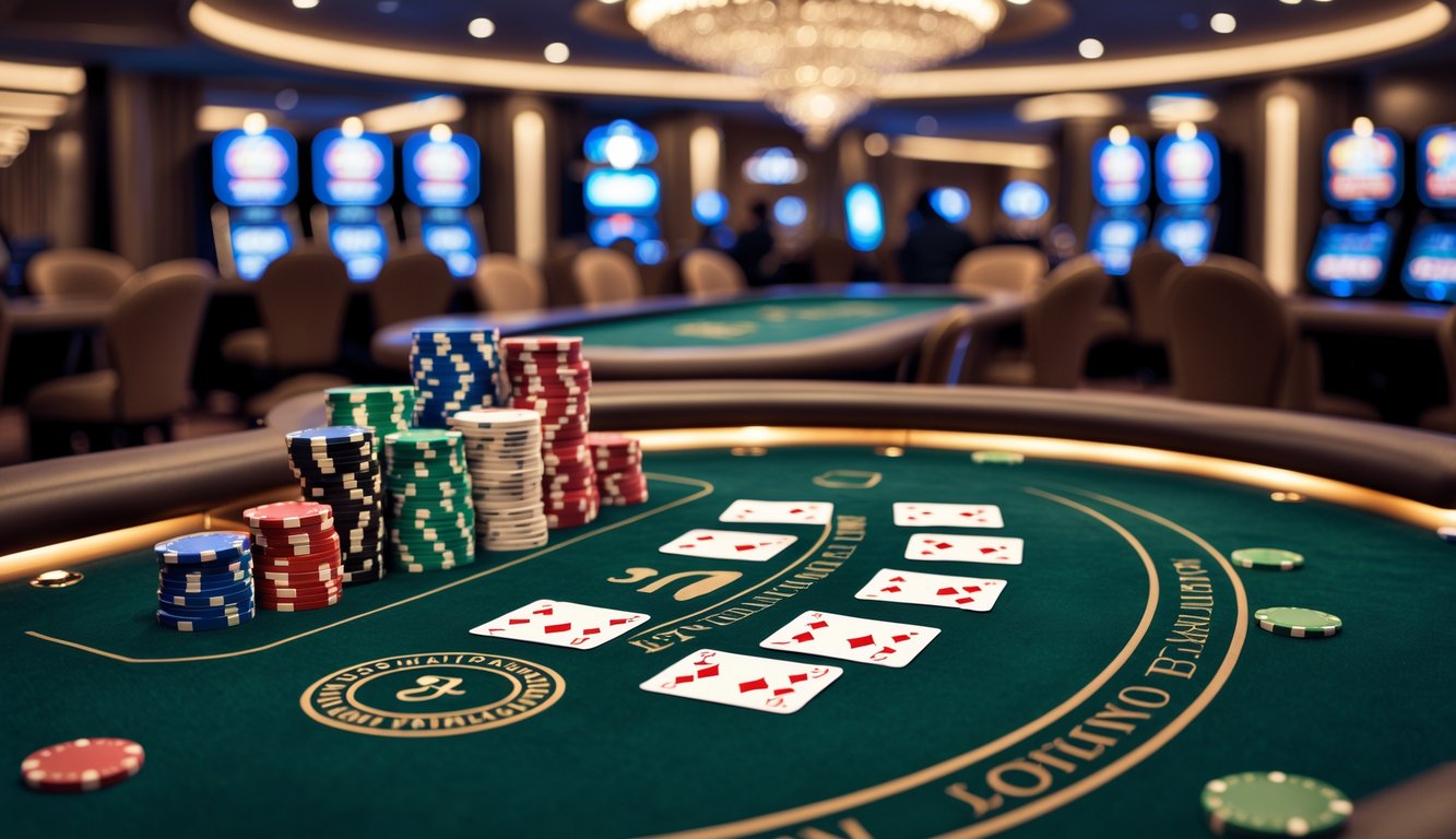 Meja poker modern dengan chip dan kartu di kasino mewah yang terang dan rapi