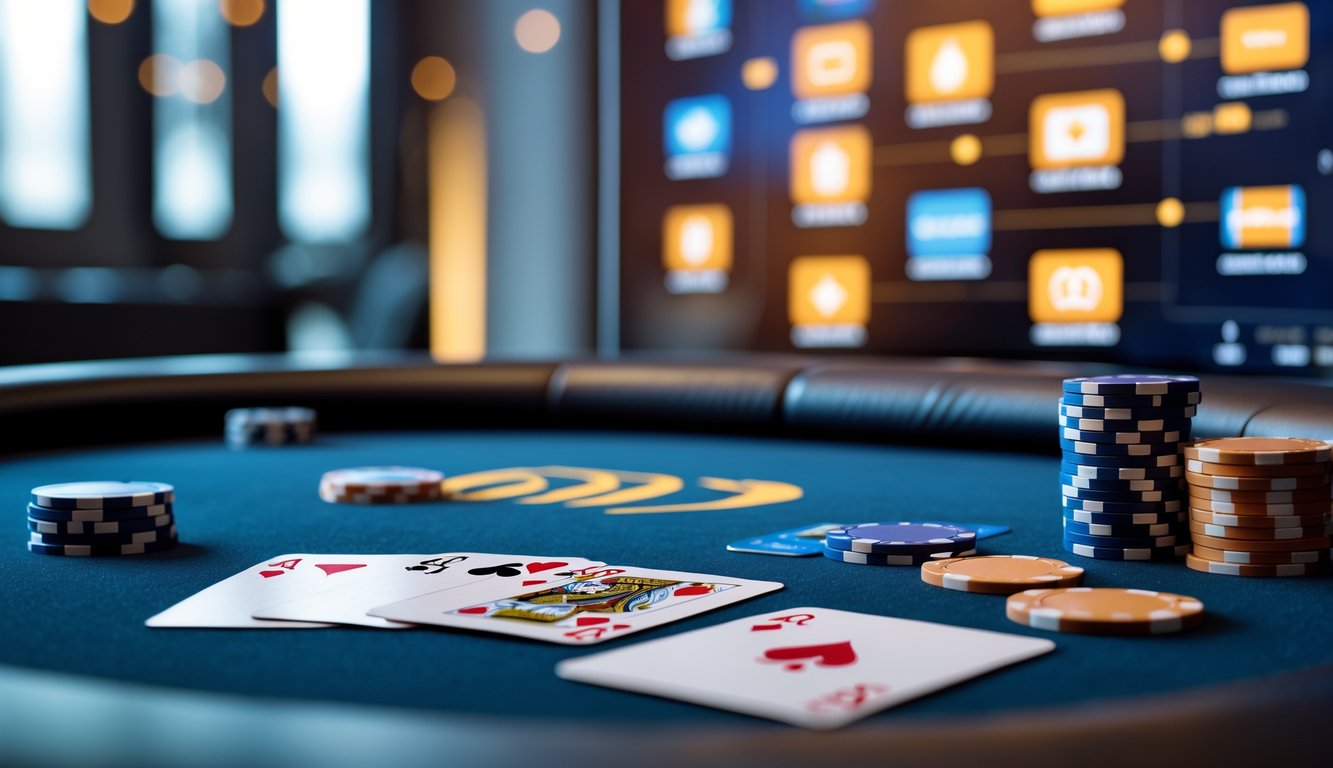 Meja poker profesional dengan chip dan kartu, latar belakang menampilkan ikon metode pembayaran digital.