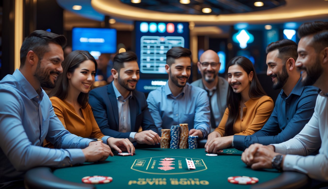 Sekelompok orang percaya diri sedang bermain poker di meja kasino modern dengan suasana aman dan nyaman.