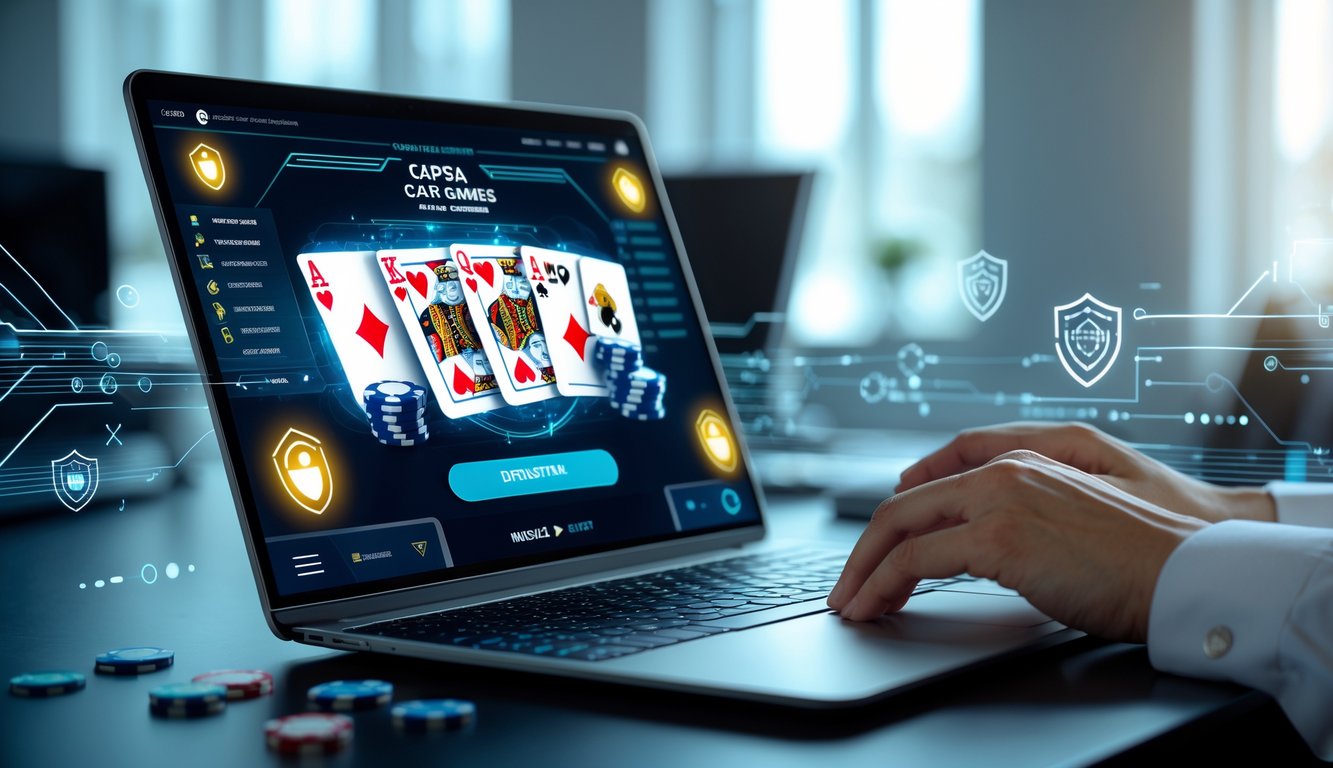 Seorang pria atau wanita menggunakan perangkat digital untuk bermain kartu Capsa dengan simbol keamanan digital di latar belakang.