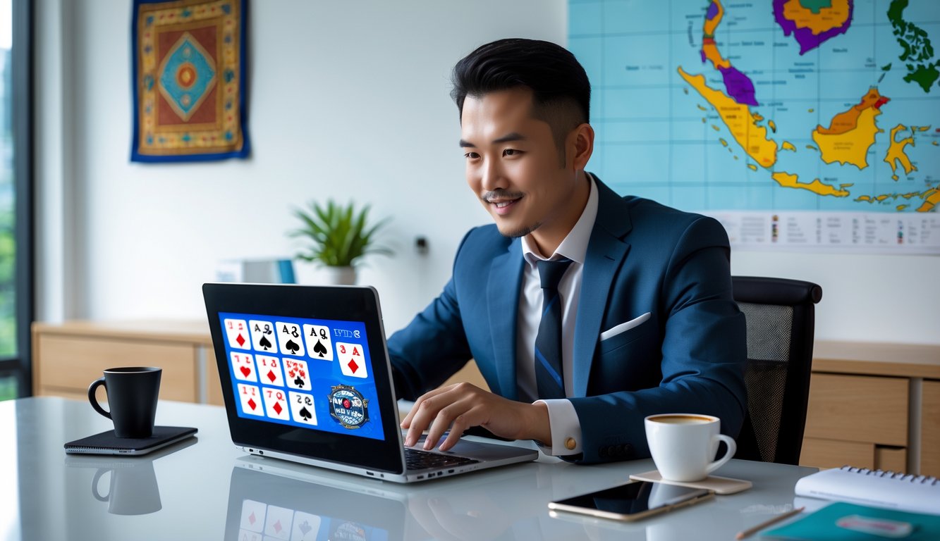 Seorang pria Asia duduk di meja kantor modern dengan laptop yang menampilkan kartu dan chip poker digital, di latar belakang terdapat lukisan batik dan peta Indonesia.