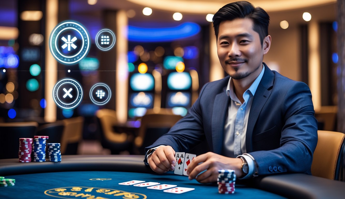 Seorang pria Asia duduk di meja permainan dengan kartu dan chip poker dalam suasana kasino yang mewah.