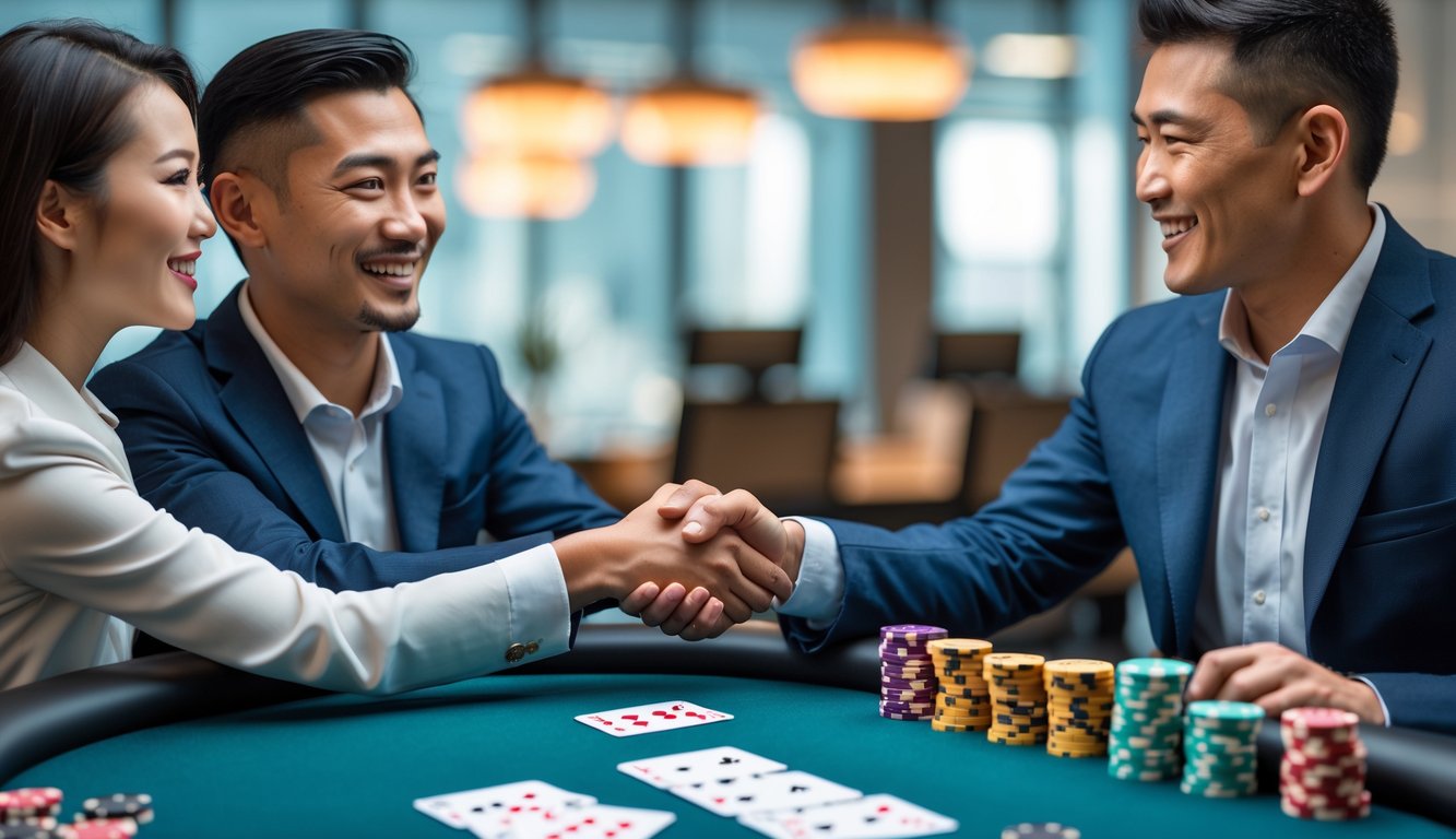 Dua profesional bisnis berjabat tangan di atas meja poker dengan kartu dan chip, di kantor modern.