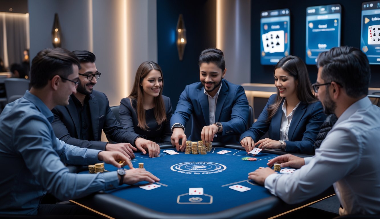 Sekelompok orang bermain kartu Capsa di meja yang terang dan modern, menunjukkan suasana bermain yang ramah dan terpercaya.