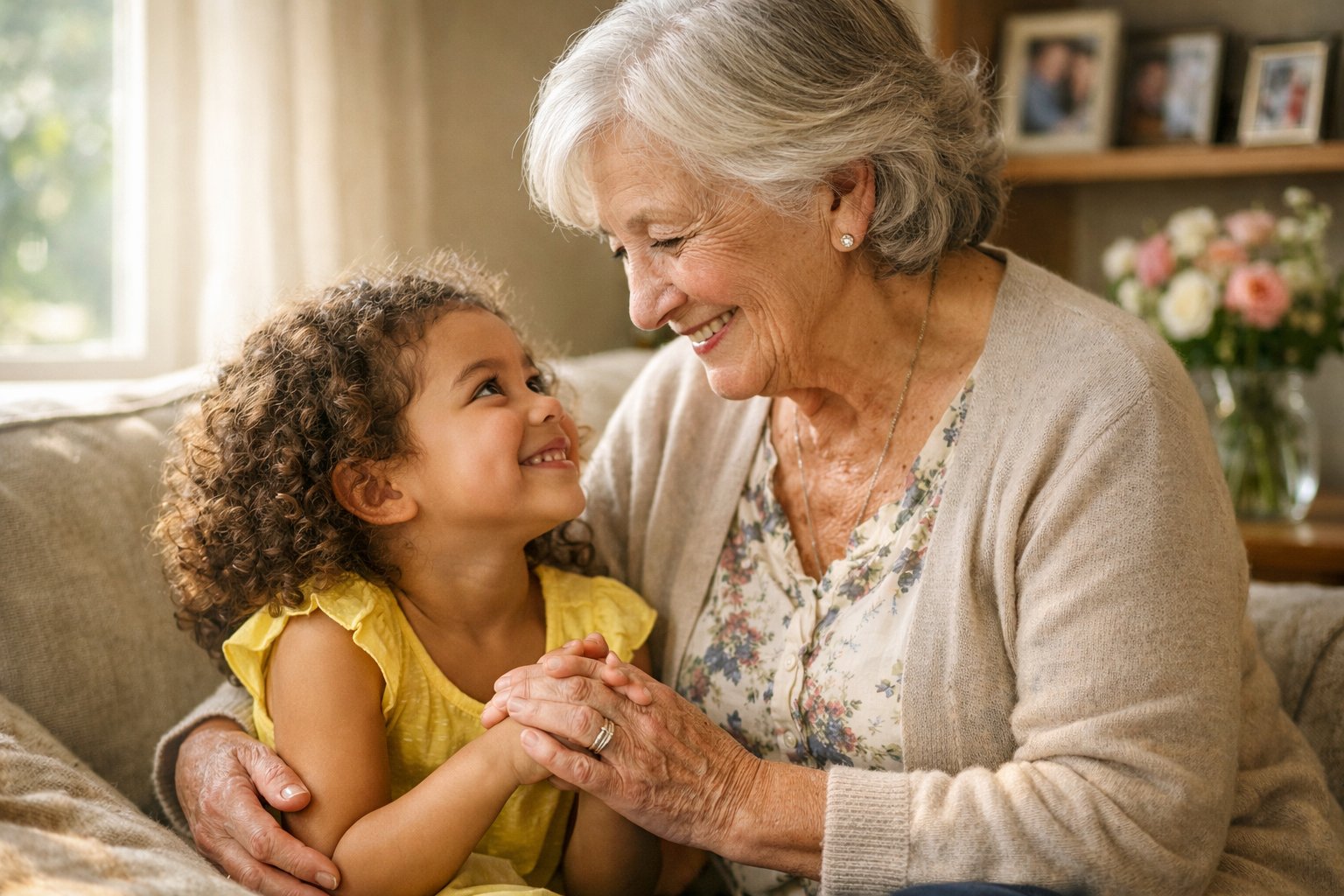 Grandmother and granddaughter sitting together, holding hands and smiling warmly at each other in a sunlit living room.