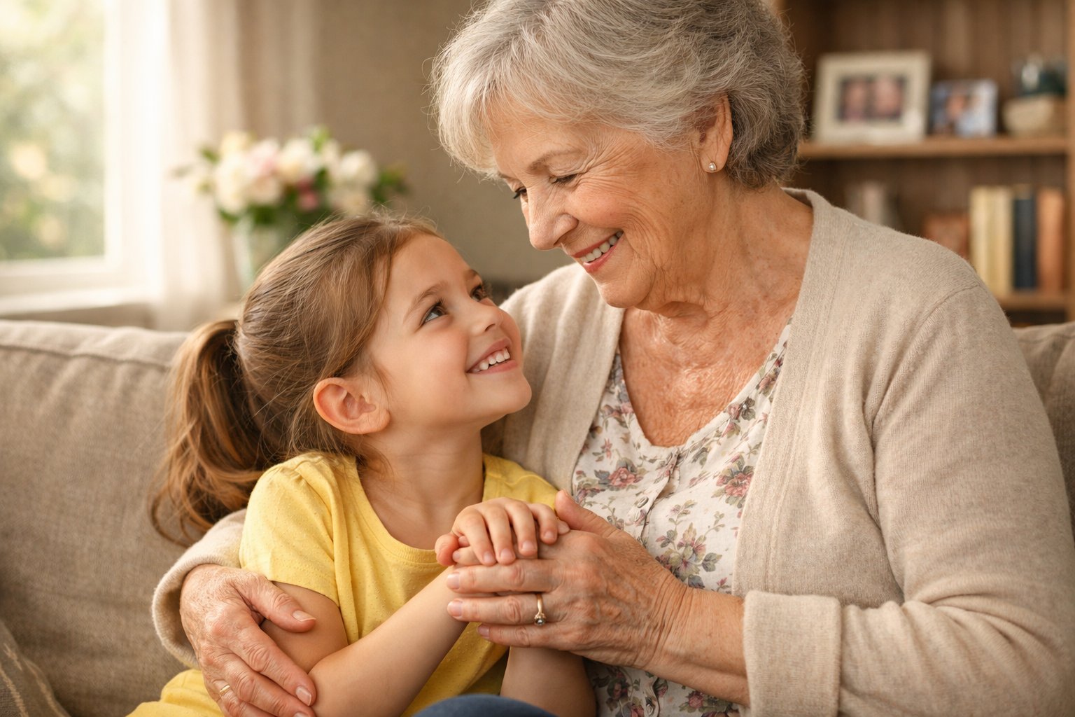 Grandmother and granddaughter sitting closely together, holding hands and smiling warmly at each other in a cozy living room.