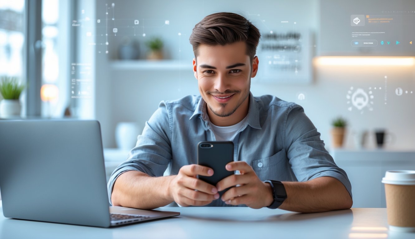 Seorang dewasa muda menggunakan ponsel pintar di ruang kerja modern dengan ekspresi percaya diri dan nyaman.