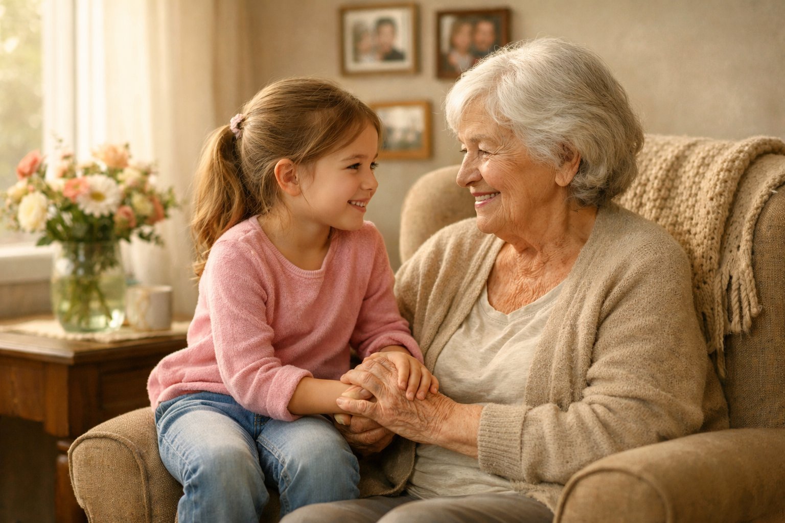 A grandmother and granddaughter sharing a loving moment together in a cozy living room.