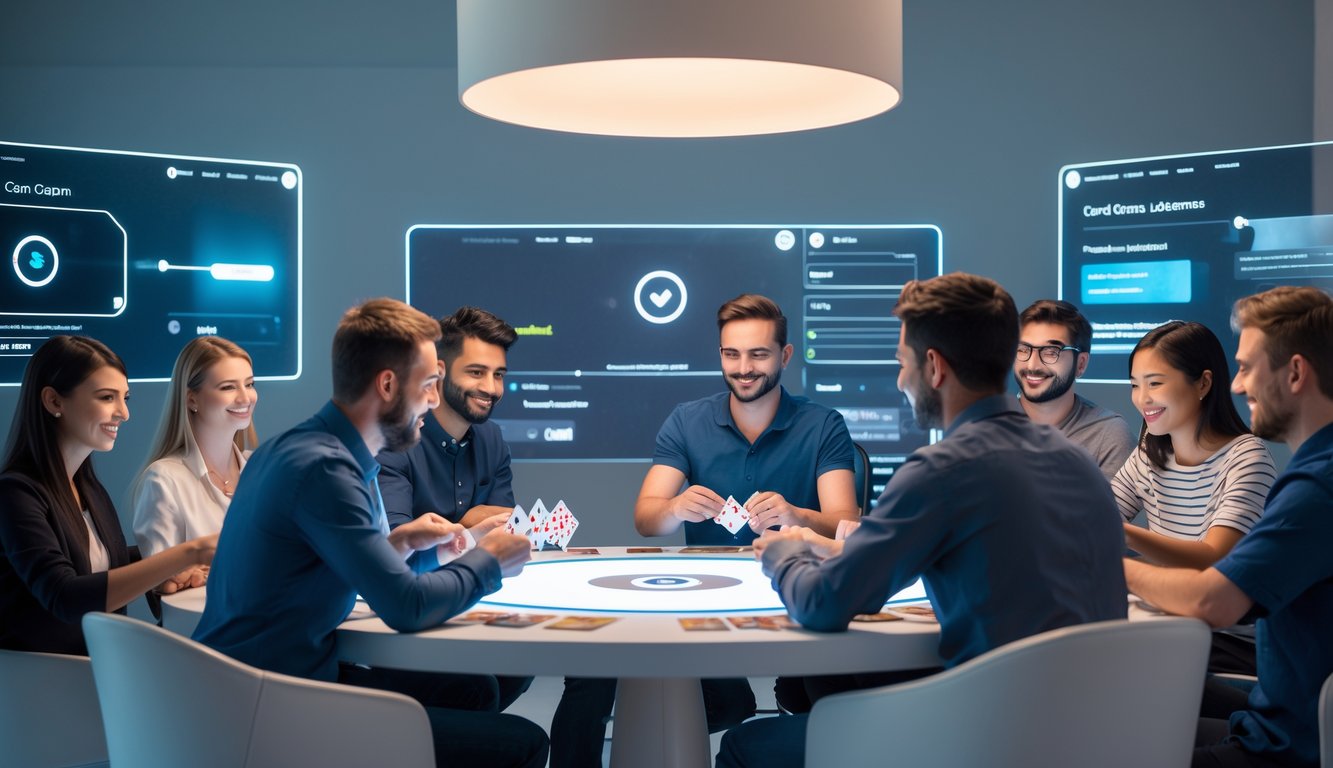 Sekelompok orang bermain kartu Capsa bersama di meja modern dengan suasana yang cerah dan ramah.