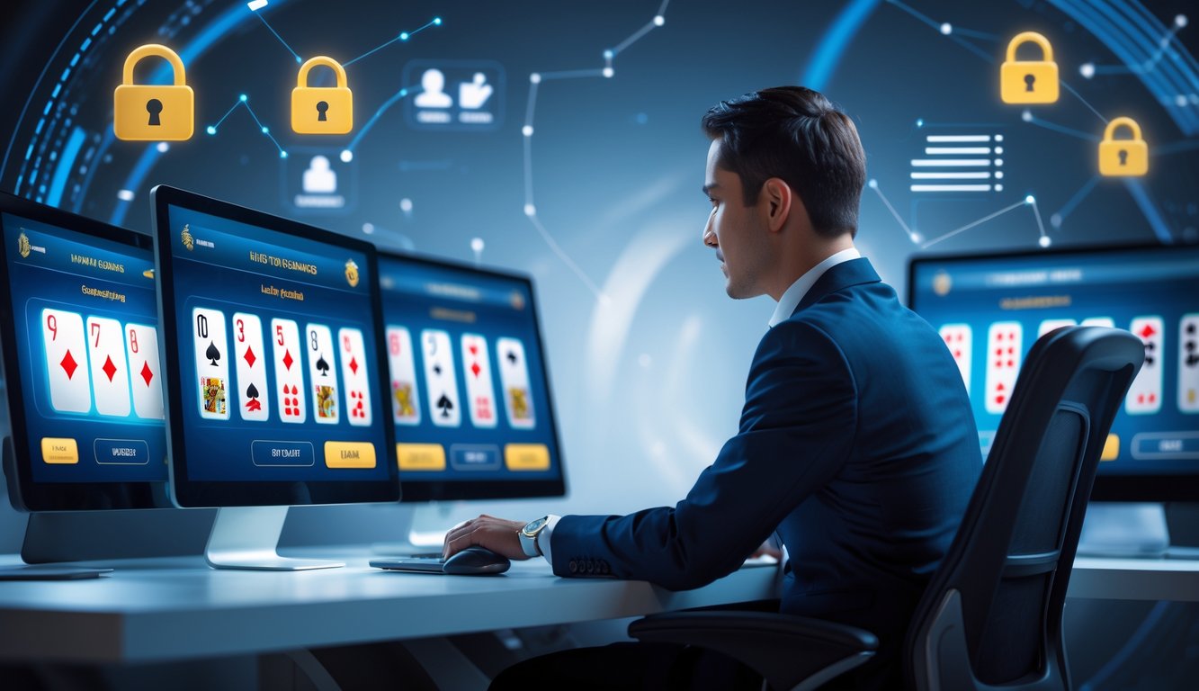 Seorang agen judi online yang percaya diri duduk di depan komputer dengan tampilan permainan kartu digital dan simbol keamanan transaksi.