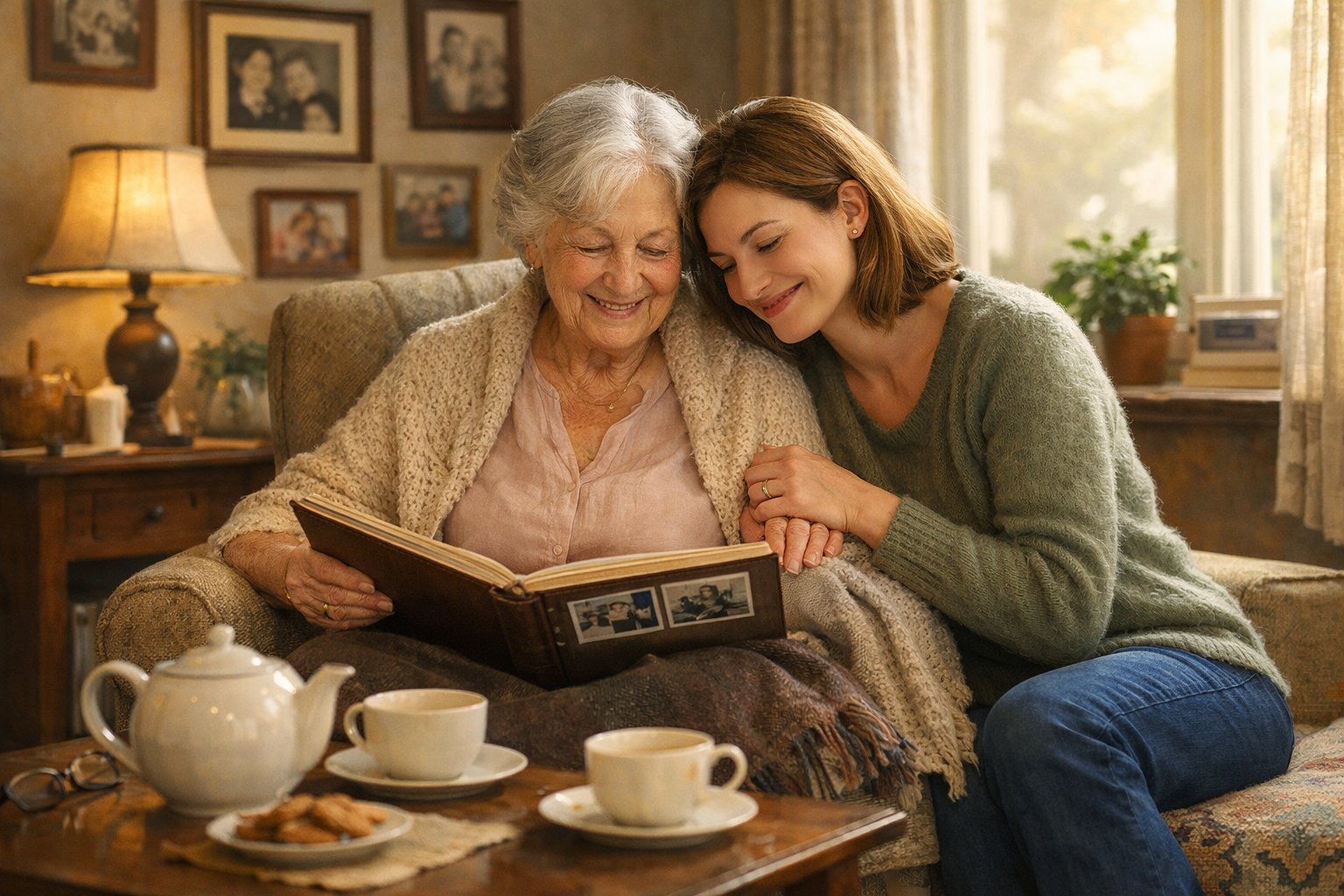 Grandmother and adult grandchild sharing a warm moment together in a cozy living room filled with family photos and sunlight.