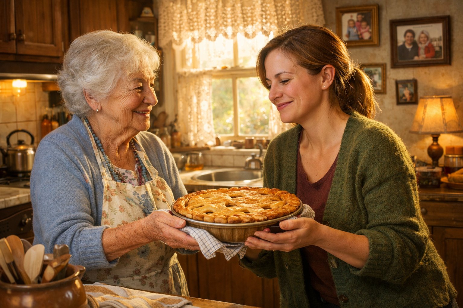 An elderly grandmother and her adult grandchild share a warm moment in a cozy kitchen with traditional decor.