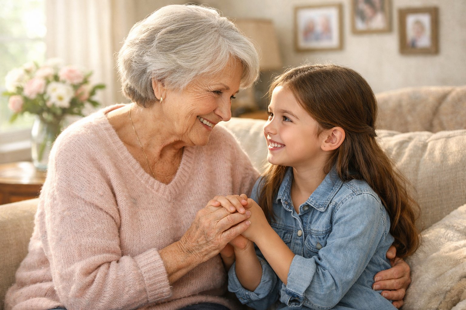 A grandmother and granddaughter sitting together, holding hands and smiling warmly at each other in a cozy living room.