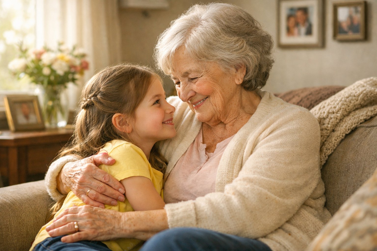 A grandmother and granddaughter sitting together on a sofa, sharing a loving embrace and smiling at each other.