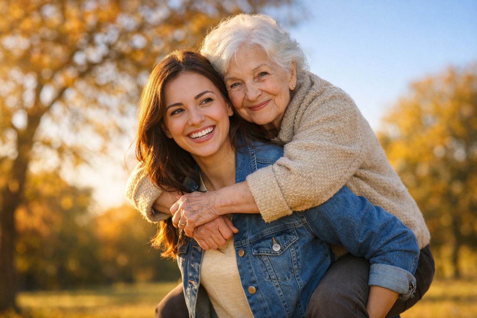 A young woman carrying her elderly grandmother on her back outdoors in a park, both smiling and surrounded by trees.