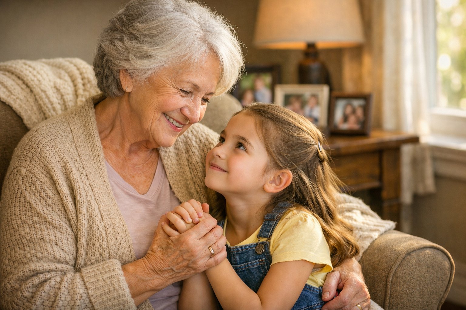 An elderly grandmother and her young granddaughter sitting closely together, holding hands and smiling warmly at each other in a cozy living room.
