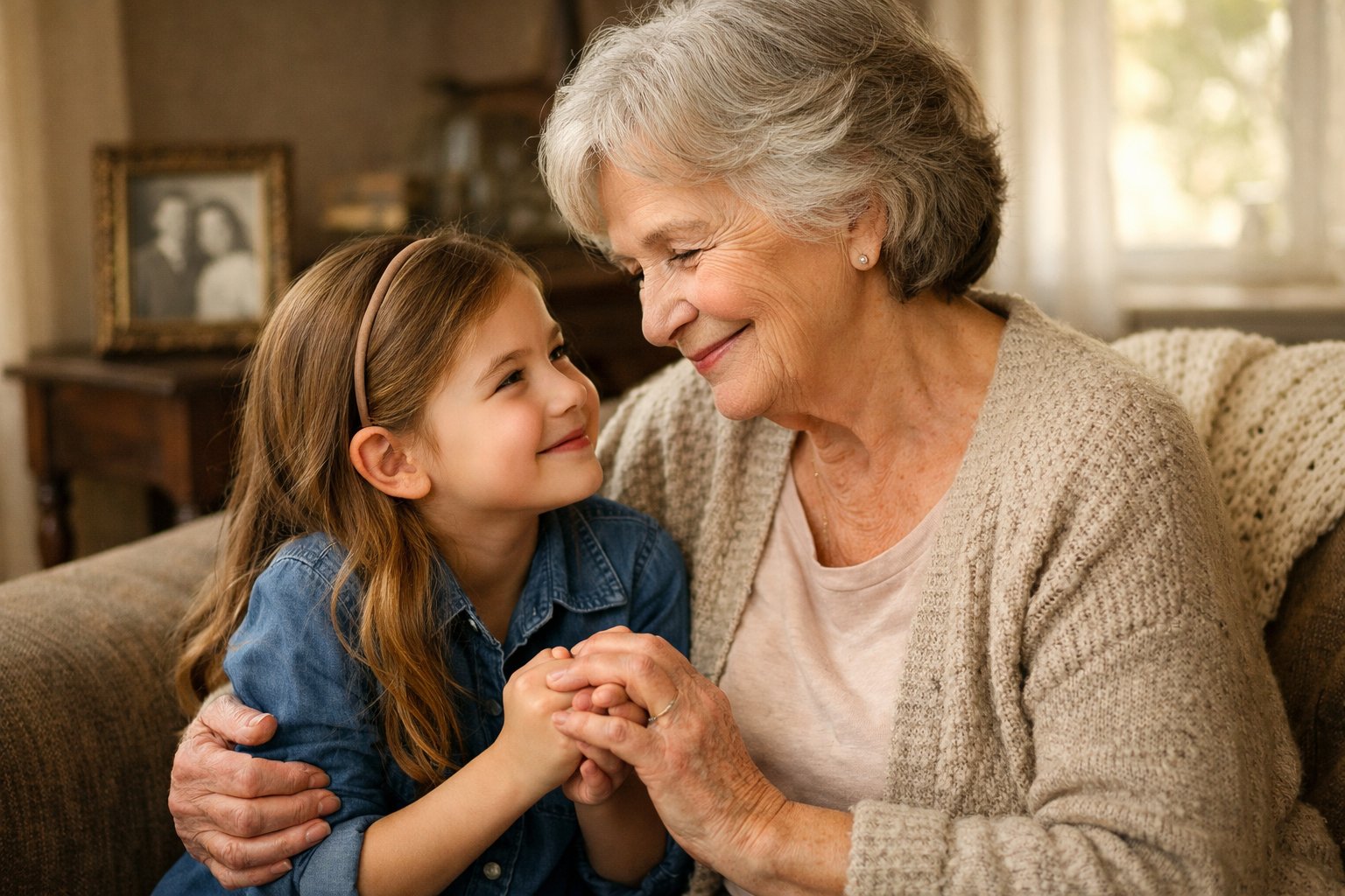 A grandmother and granddaughter holding hands and smiling warmly at each other in a cozy living room.