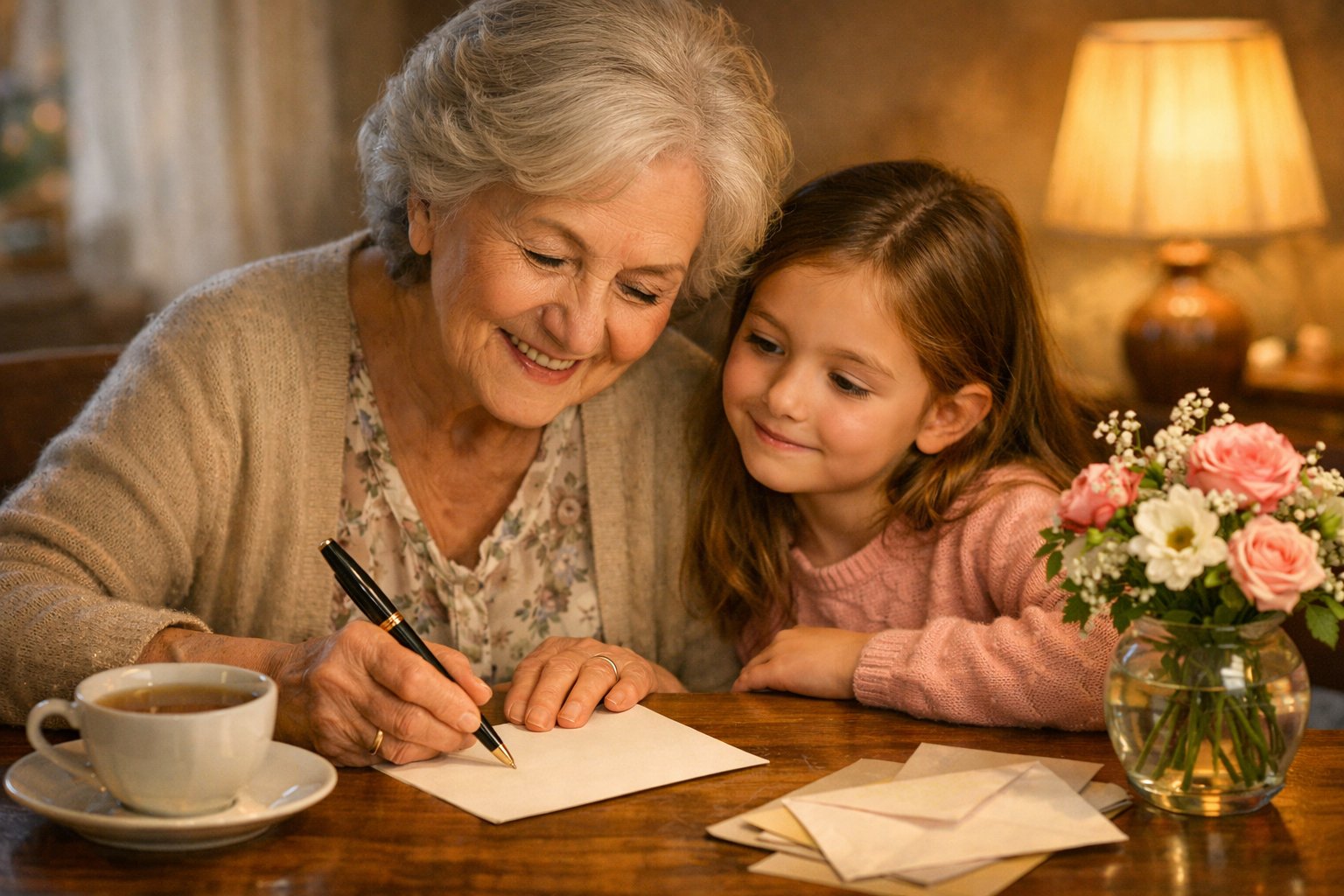An elderly grandmother writing a card while her young granddaughter watches closely at a wooden table in a cozy room.