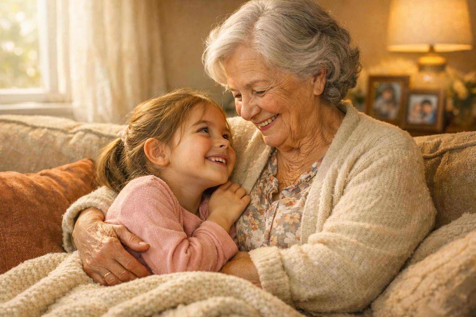 A grandmother and her granddaughter sitting closely together in a sunlit room, sharing a loving and tender moment.