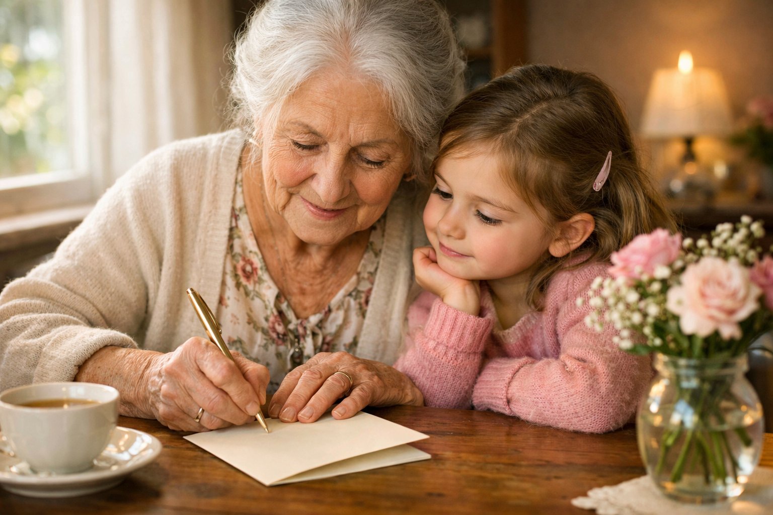 An elderly grandmother writing a card while her young granddaughter watches closely at a wooden table in a cozy room.