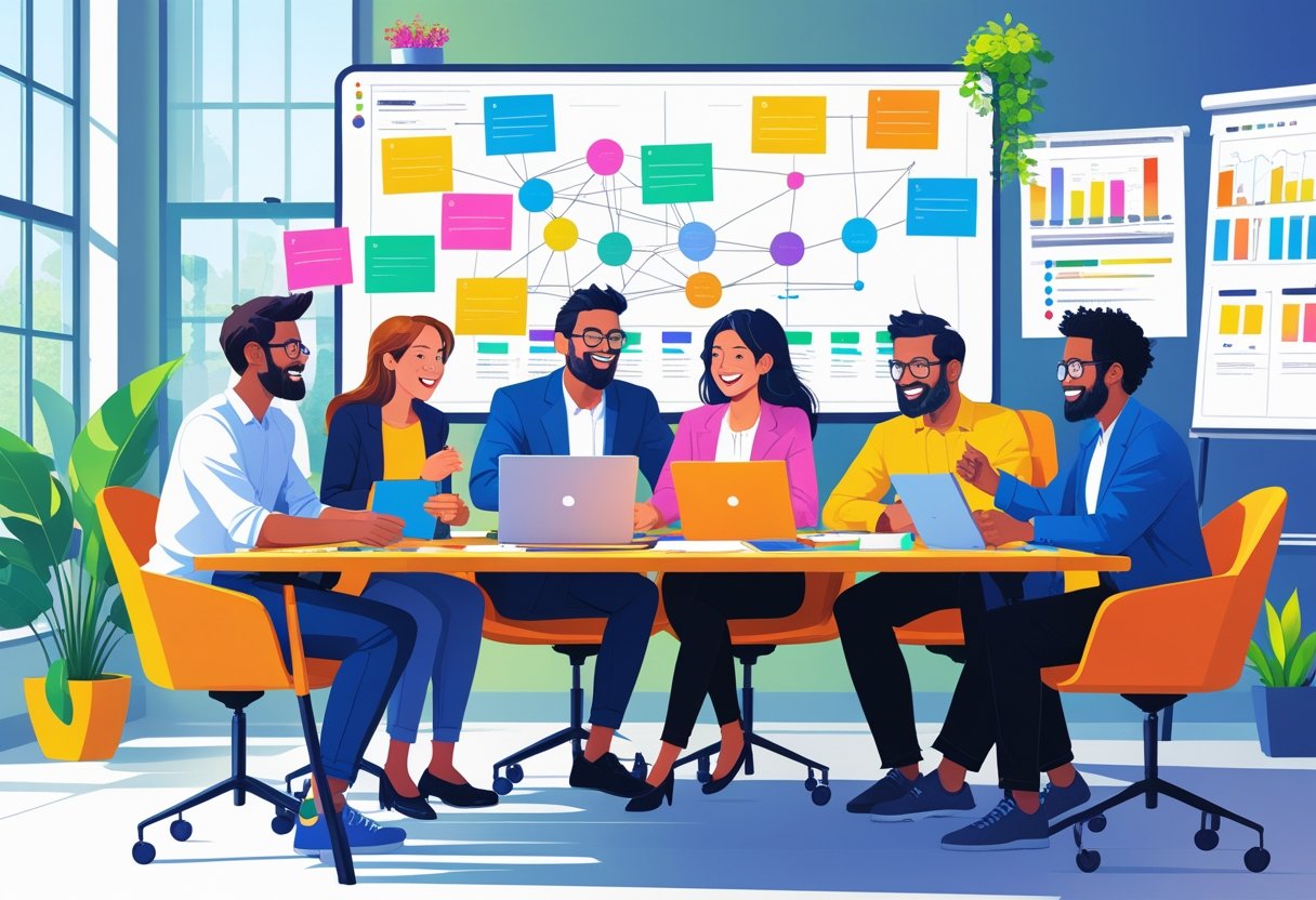 A diverse team collaborating around a table in a bright office, brainstorming and working together with charts and devices.