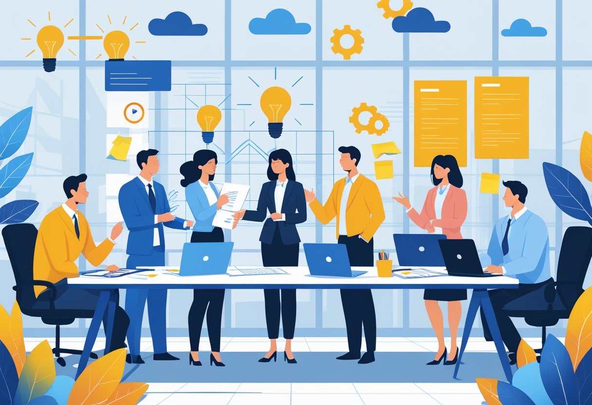 A diverse team of professionals collaborating around a table with laptops and notes, brainstorming ideas in an office setting focused on planning and innovation.