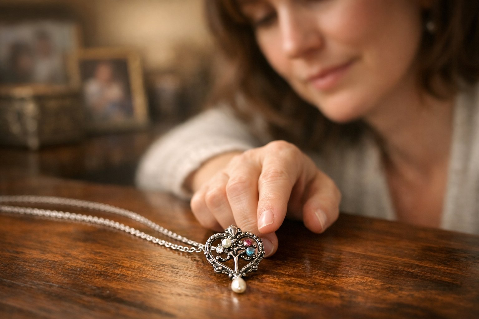 A woman gently reaches for a vintage necklace on a wooden table, with a warm, softly blurred home background.