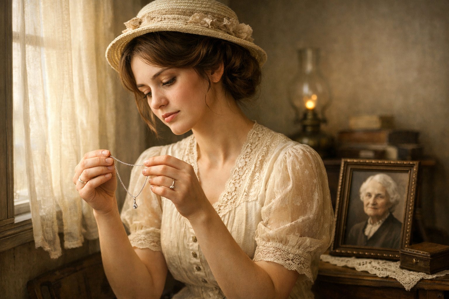 A young woman sitting by a window, holding a delicate necklace and looking at it with a wistful expression in a softly lit vintage room.