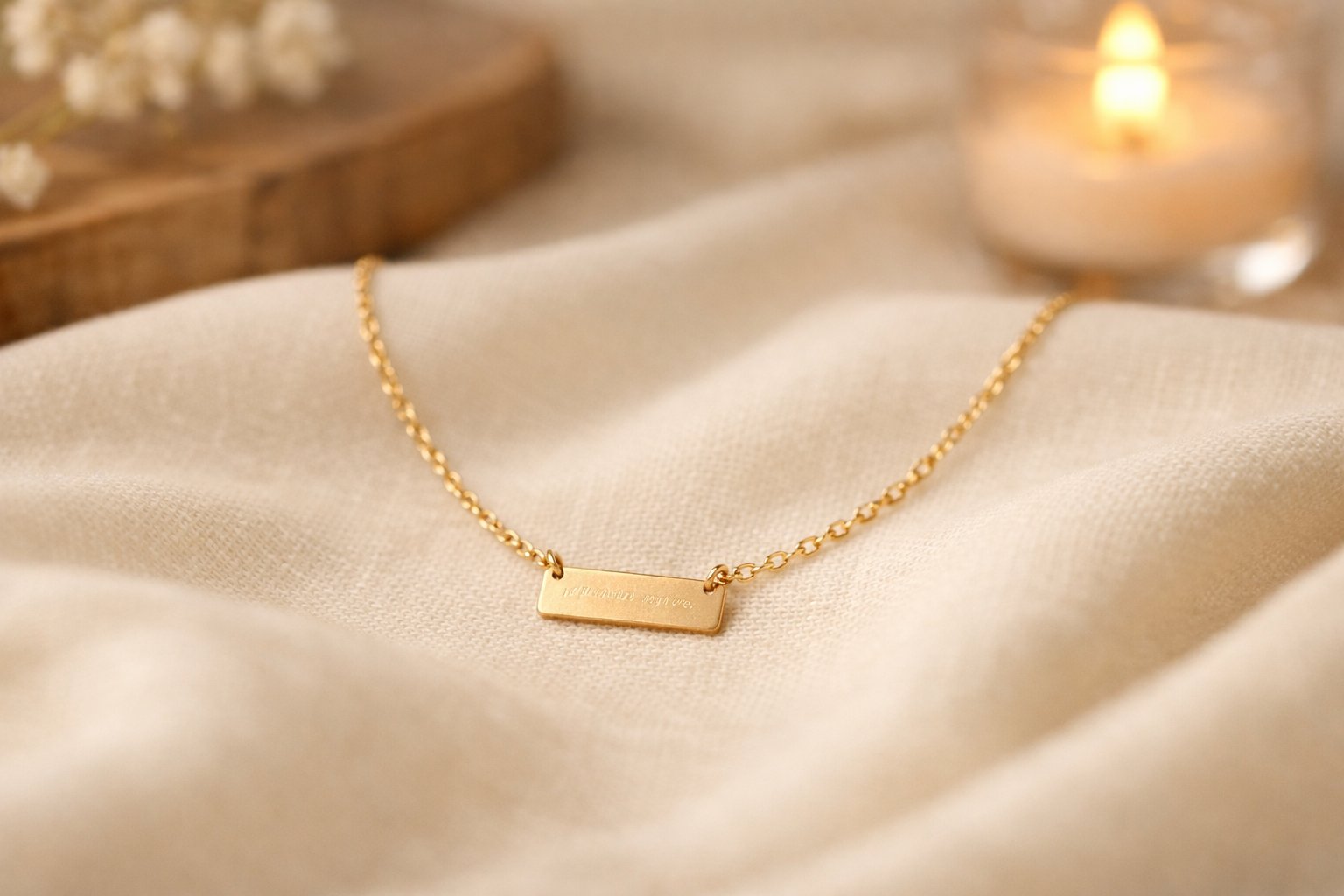 A gold necklace with a small rectangular message card pendant resting on soft fabric with warm lighting and a blurred cozy background.