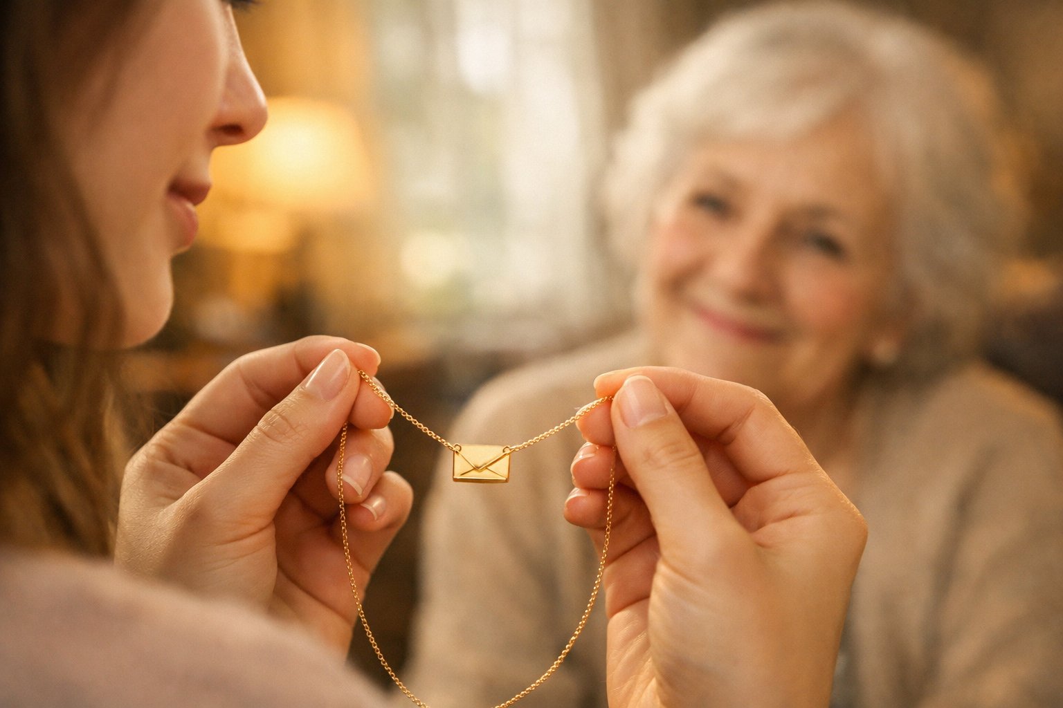 A young woman holding a gold necklace with a small card pendant while an elderly woman smiles at her in a cozy living room.
