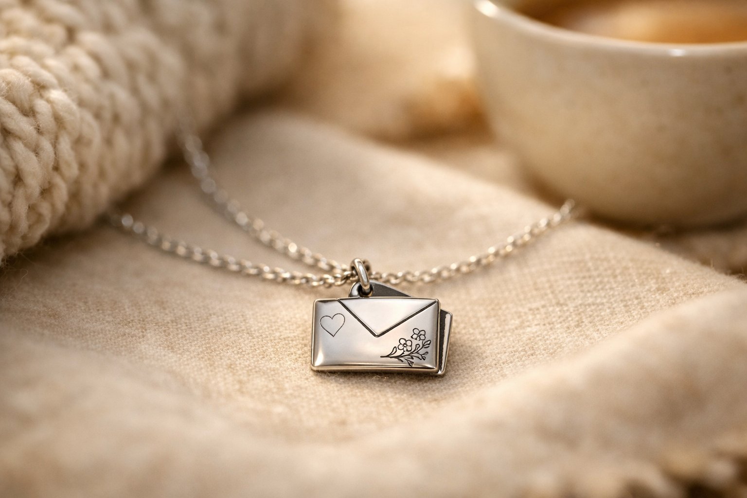 Close-up of a delicate message card necklace resting on soft fabric with a warm, cozy background.