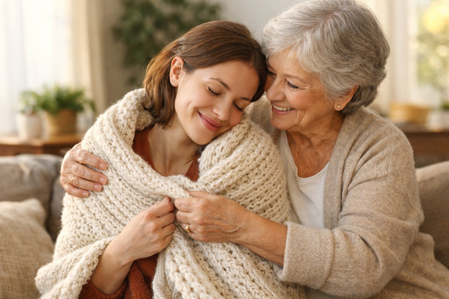 A grandmother lovingly wraps a knitted shawl around her adult grandchild's shoulders in a cozy living room.