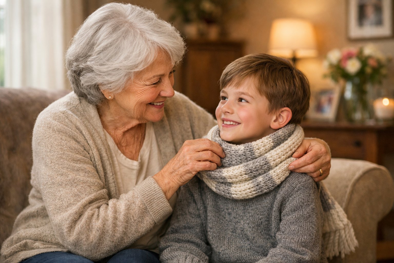 Grandmother lovingly wrapping a knitted scarf around her smiling grandchild in a cozy living room.