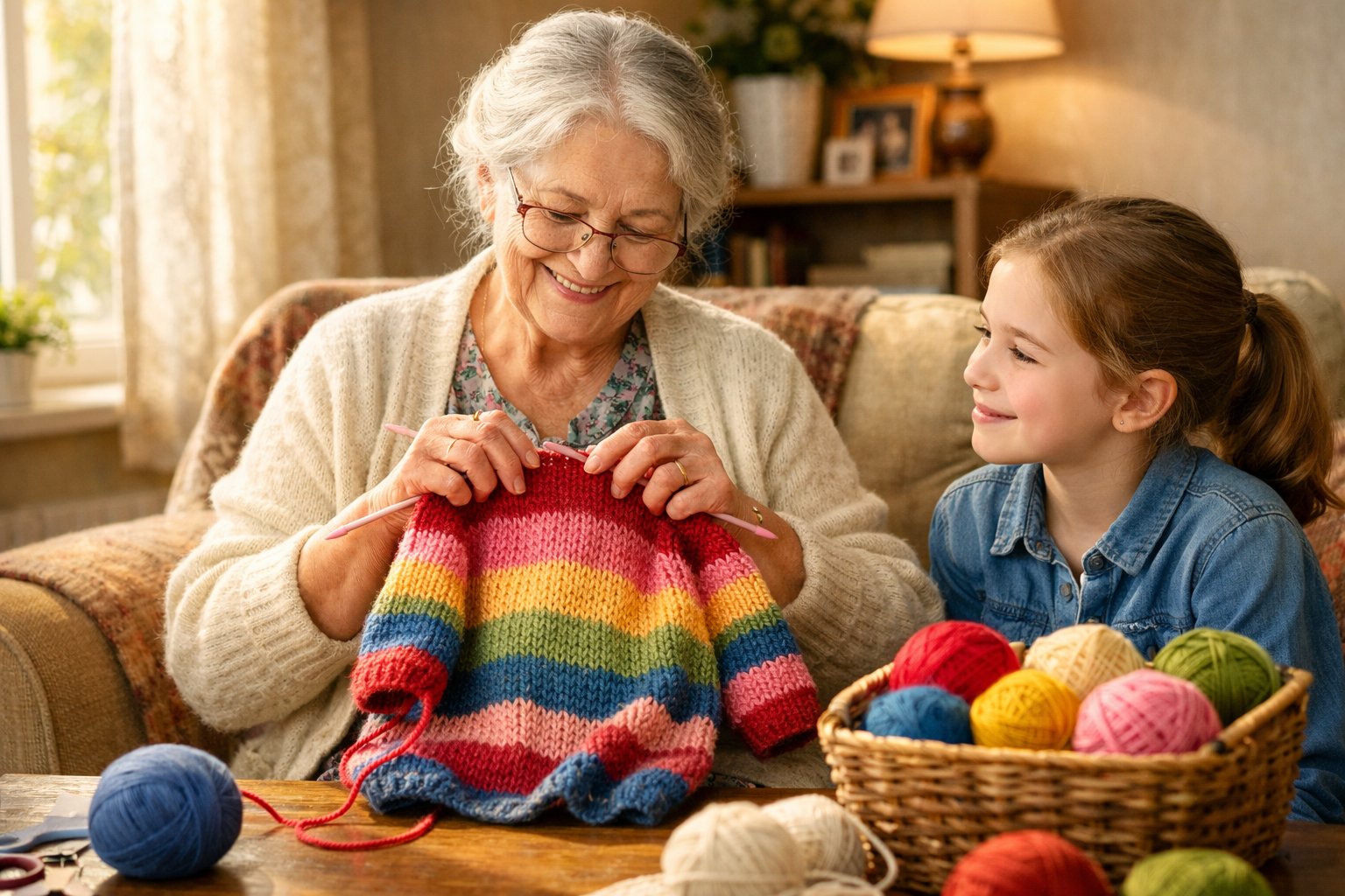 An elderly grandmother knitting a colorful sweater while a young person watches her in a cozy living room.