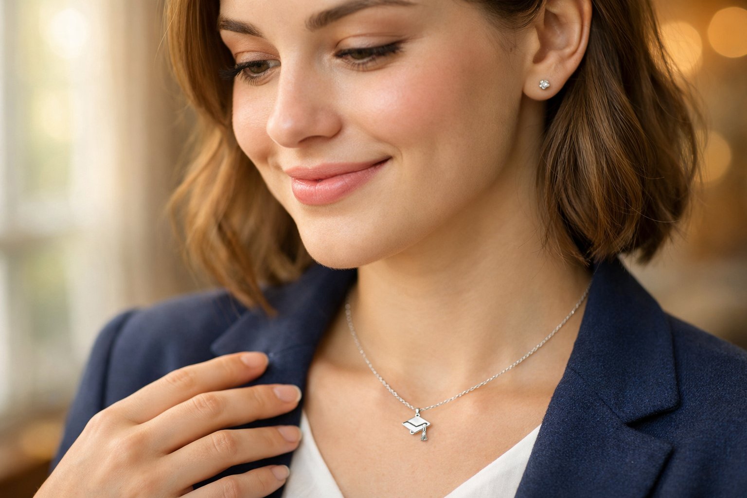 A young woman wearing a delicate necklace, smiling softly with a blurred warm background.