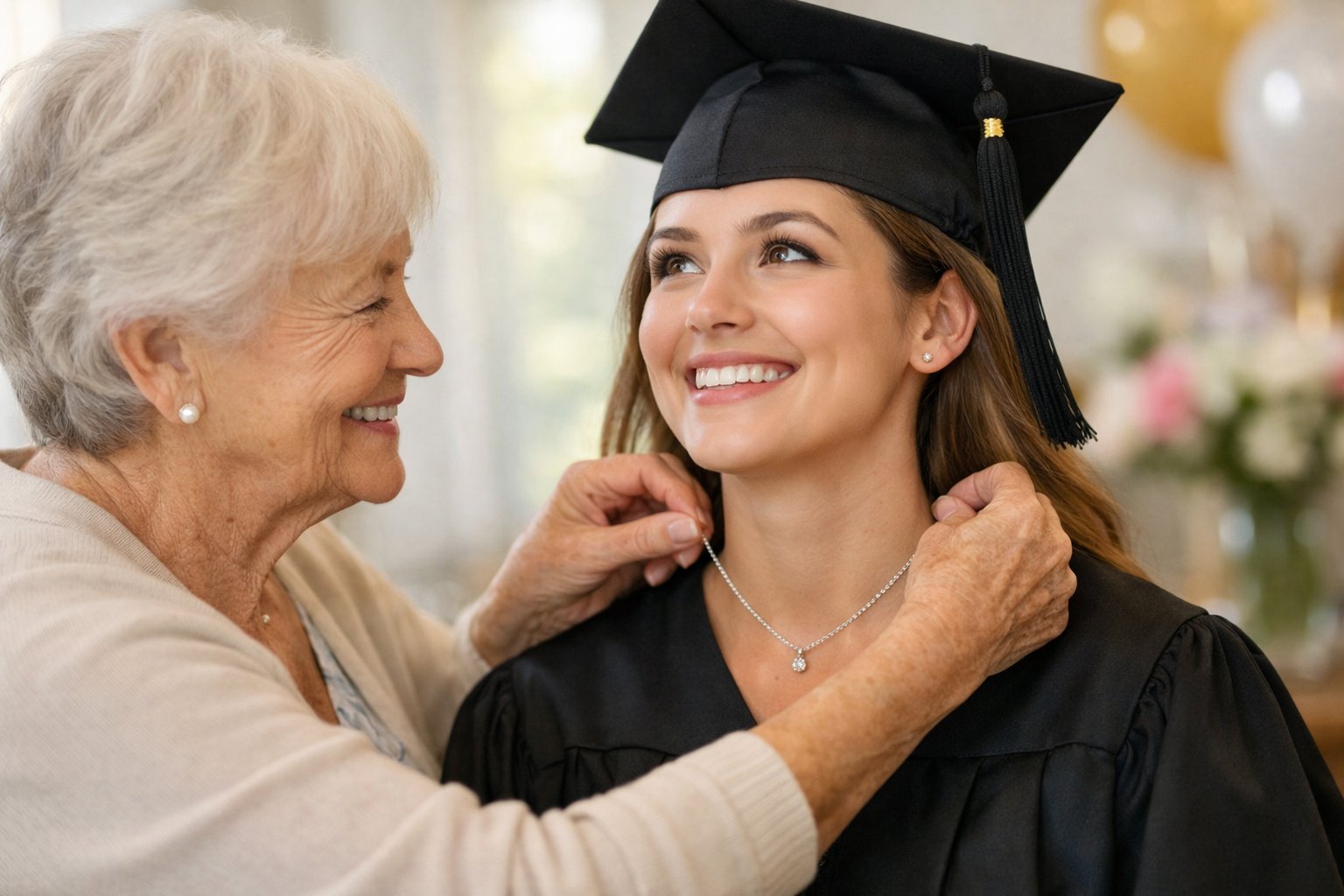 A grandmother places a necklace around her granddaughter's neck as the granddaughter, wearing a graduation cap and gown, smiles warmly.