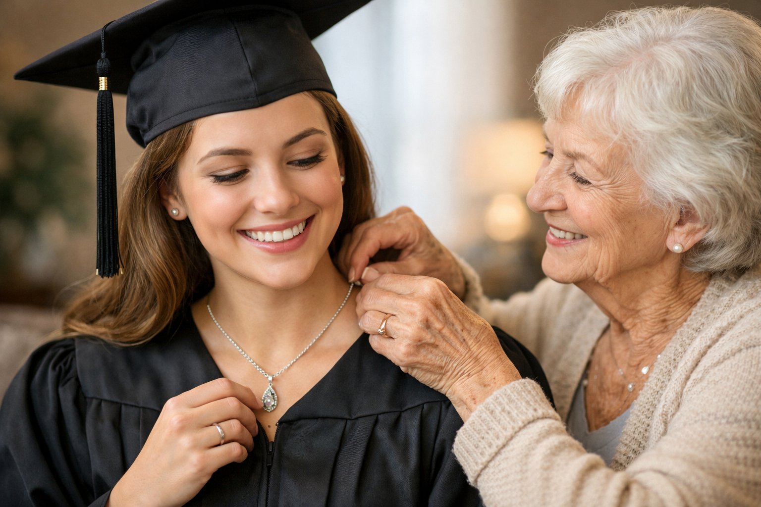 A grandmother places a necklace around her granddaughter's neck as the granddaughter smiles in graduation attire.