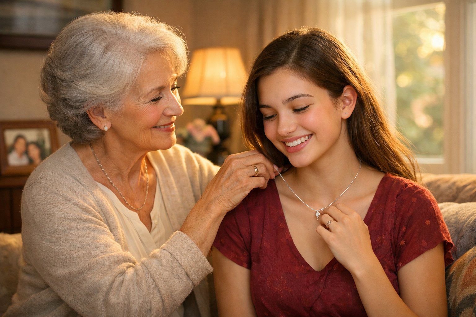 A grandmother places a necklace around her teenage granddaughter's neck as they share a loving moment indoors.