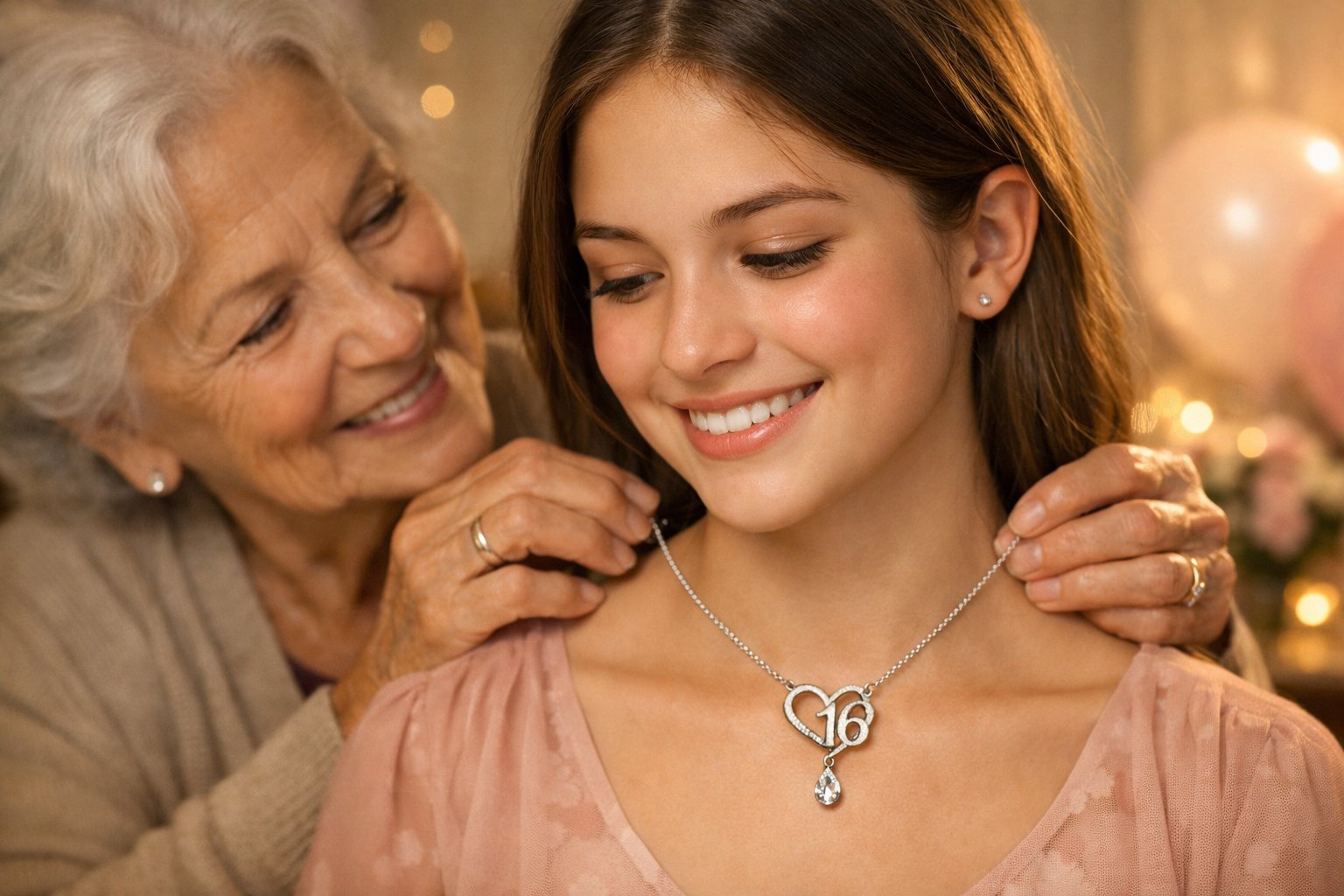 A grandmother placing a necklace around her teenage granddaughter's neck during a Sweet 16 celebration in a cozy living room.